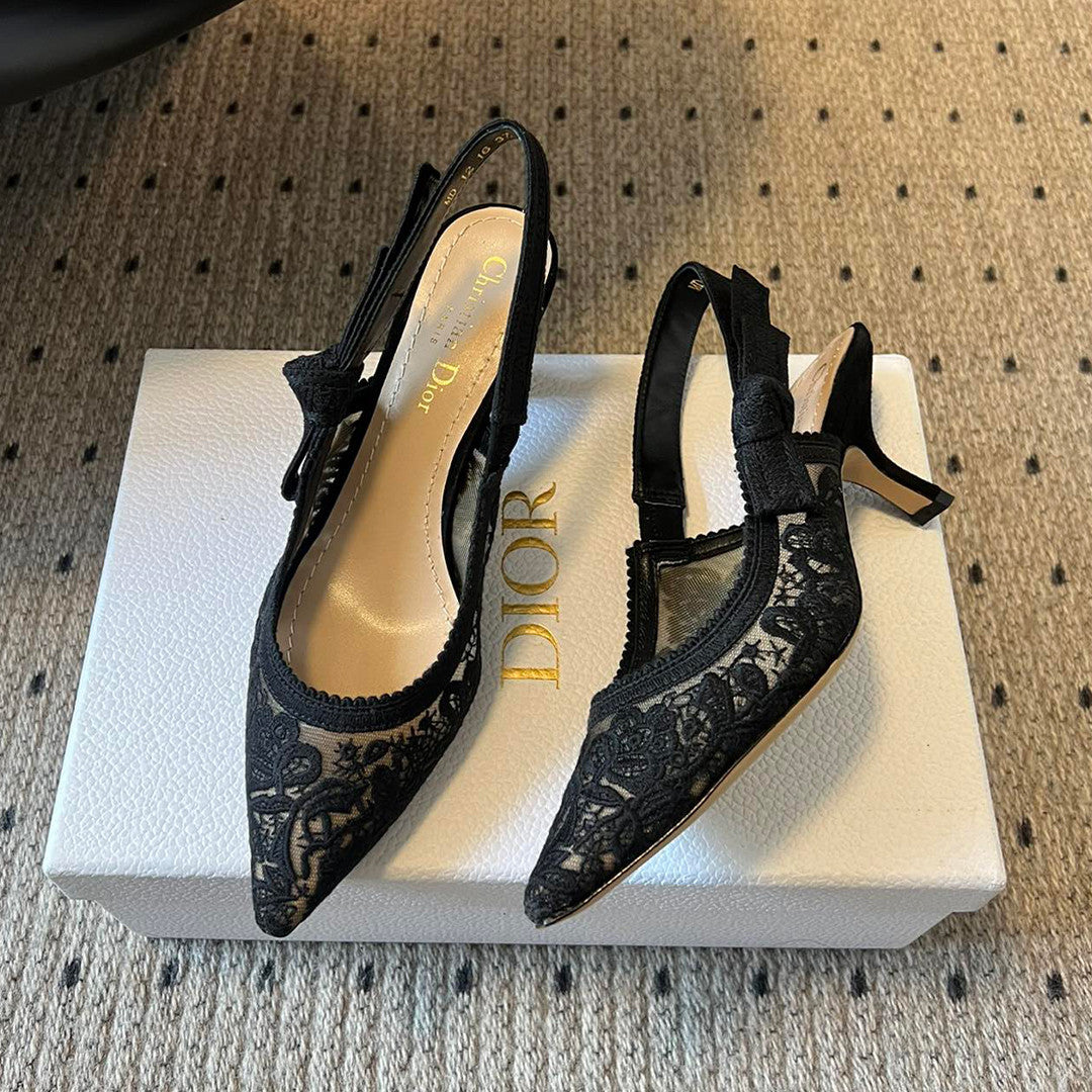 Dior Women's J'Adior Slingback Pump Spring/Summer Autumn Flower Embroidered Bow High Heels Pointed Thin Heels Casual Shoes Heel Height 6.5cm Heel Height 10.5cm #81722