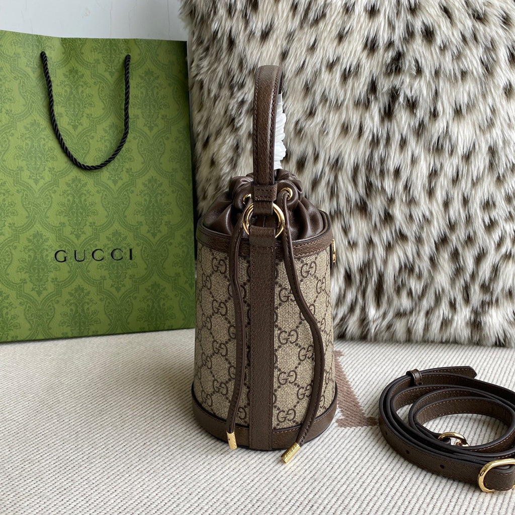 Gucci Ophidia Women's Brown Adjustable Shoulder Strap Drawstring Closure Canvas Spell Leather Bucket Bag Single Shoulder Crossbody Handbag Bags #75549