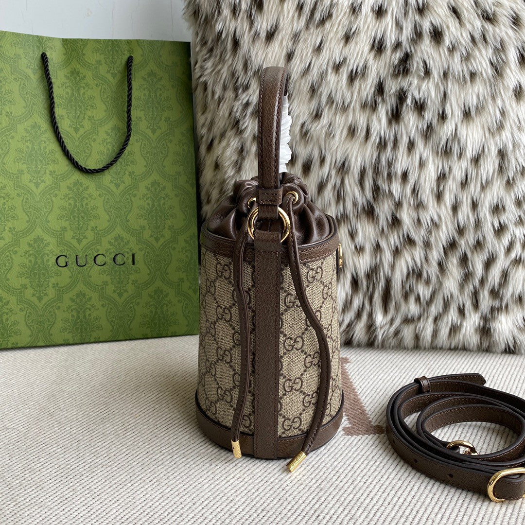 Gucci Ophidia Women's Brown Adjustable Shoulder Strap Drawstring Closure Canvas Spell Leather Bucket Bag Single Shoulder Crossbody Handbag Bags #75549