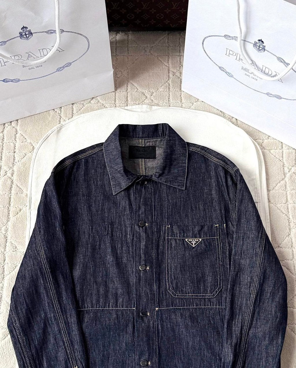 Prada Men's Spring Autumn Triangle Label Logo Solid Colour Single Breasted Long Sleeve Denim Jacket #76865