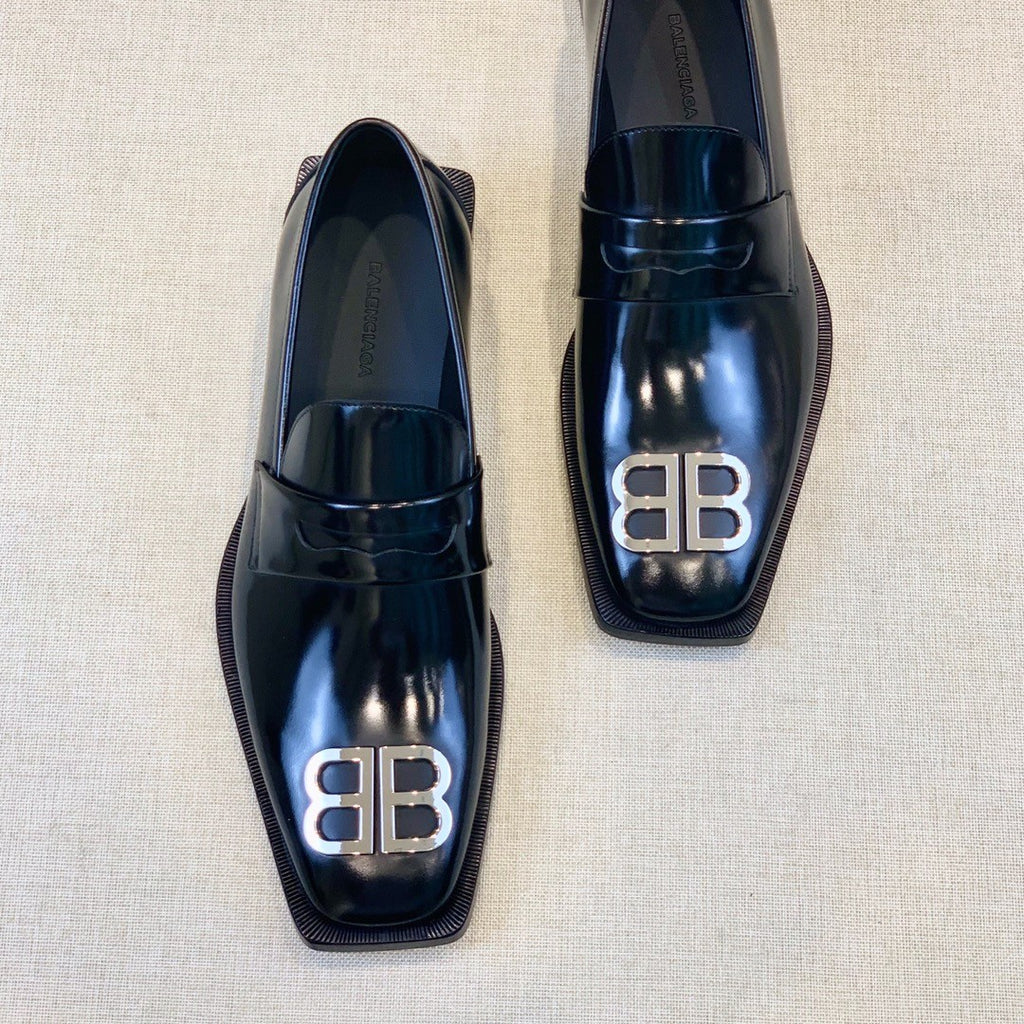 Balenciaga Men's Solid Colour Square Toe Metal BB Logo Cowhide Leather Shoes #77218