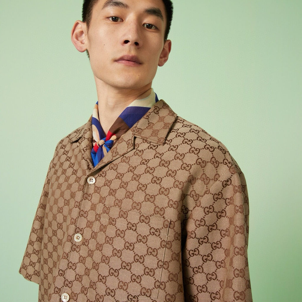 Gucci Men's Summer Brown Lapel Single Breasted Logo Printed Short Sleeve Shirt #98679