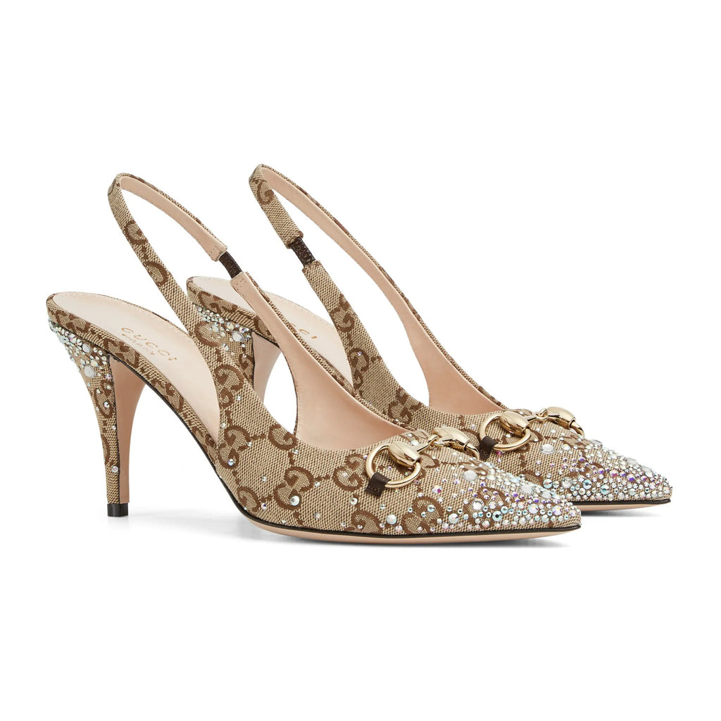 GUCCI Crystal-embellished Horsebit Buckle Women's Back-tie Low-cut Shoes Women's Spring/summer GG Canvas Crystal High-heel Shoes Elegant Luxurious Heel Height: 10cm #81437