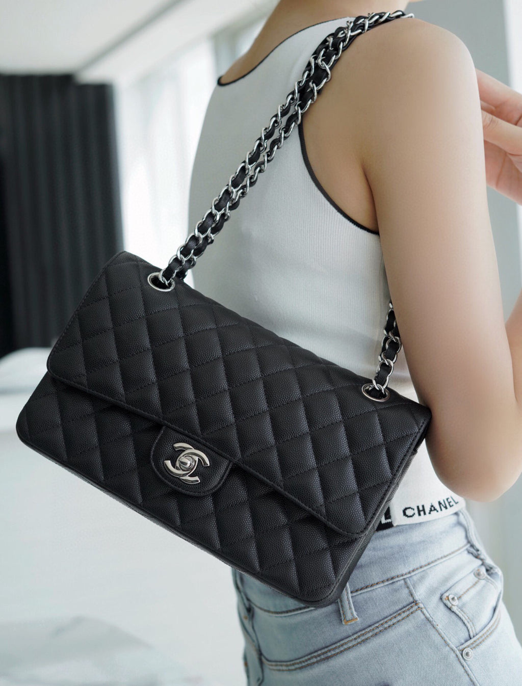 Chanel Women Classic Flap Solid Color Particle Embossed Calfskin Chain Bag Mouth Cover Bag Casual Shoulder Bags CF #71675