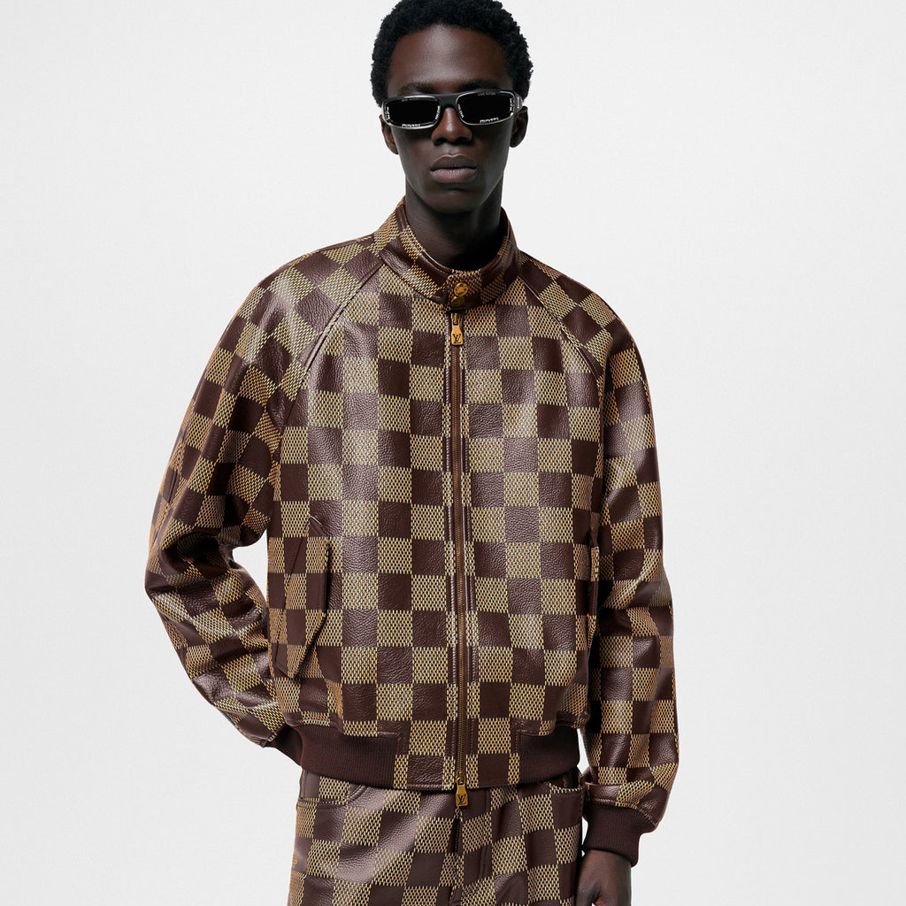 Louis Vuitton Men's Fall And Winter Brown Checkerboard Pattern Collar Zipper Cowhide Long Sleeved Jacket #72611