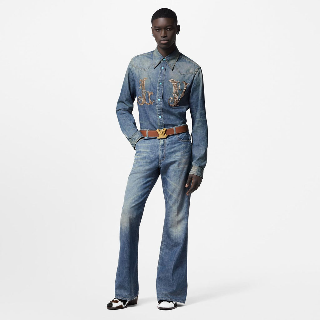 Louis Vuitton Men's Spring And Fall Cotton Logo Rivets Embellished Single-Breasted Slim Long-Sleeved Blue Denim Shirt #71621
