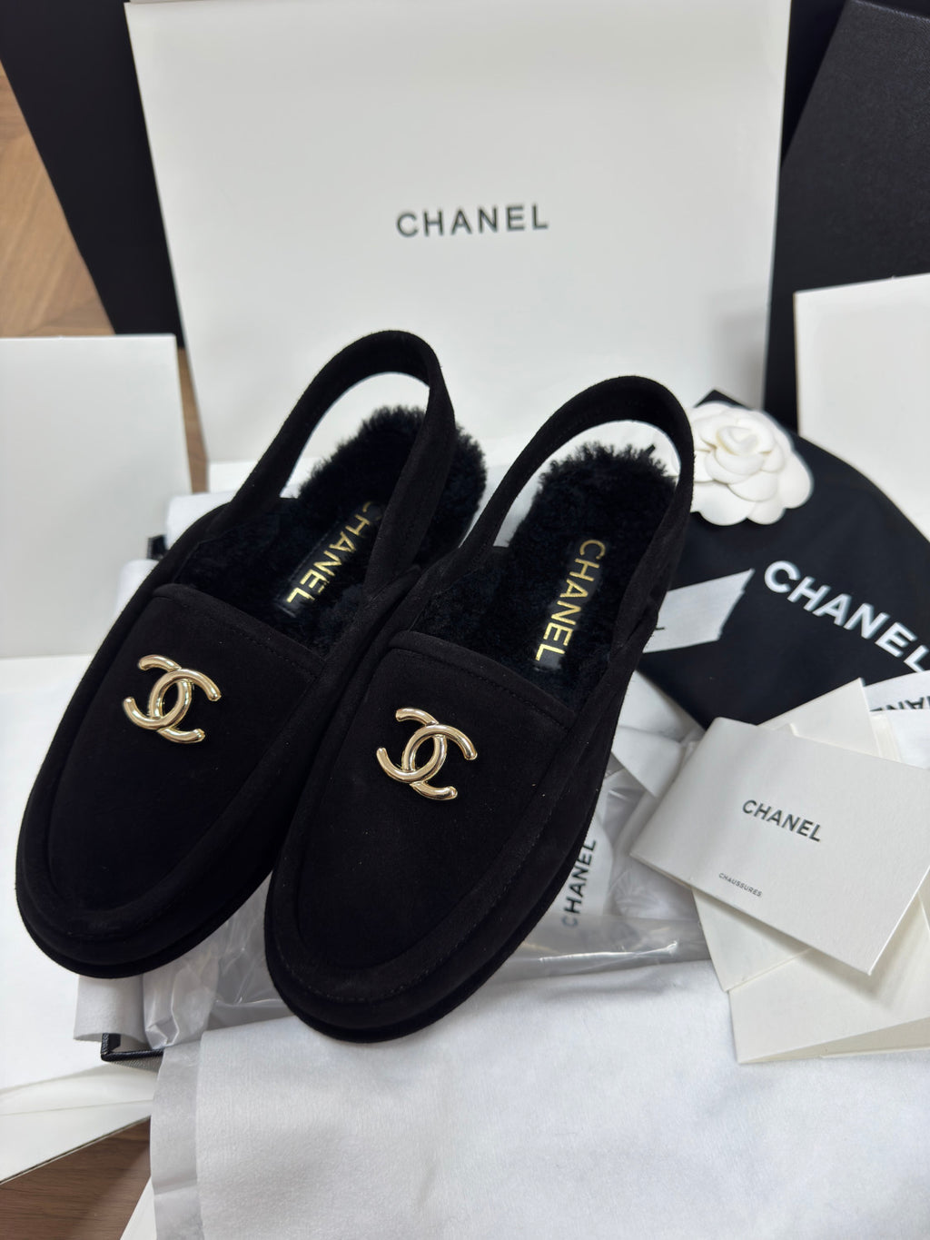 Chanel Women's Fall/Winter Casual Round Toe Slip On Teddy Fur Logo Flat Mules Shoes #79254