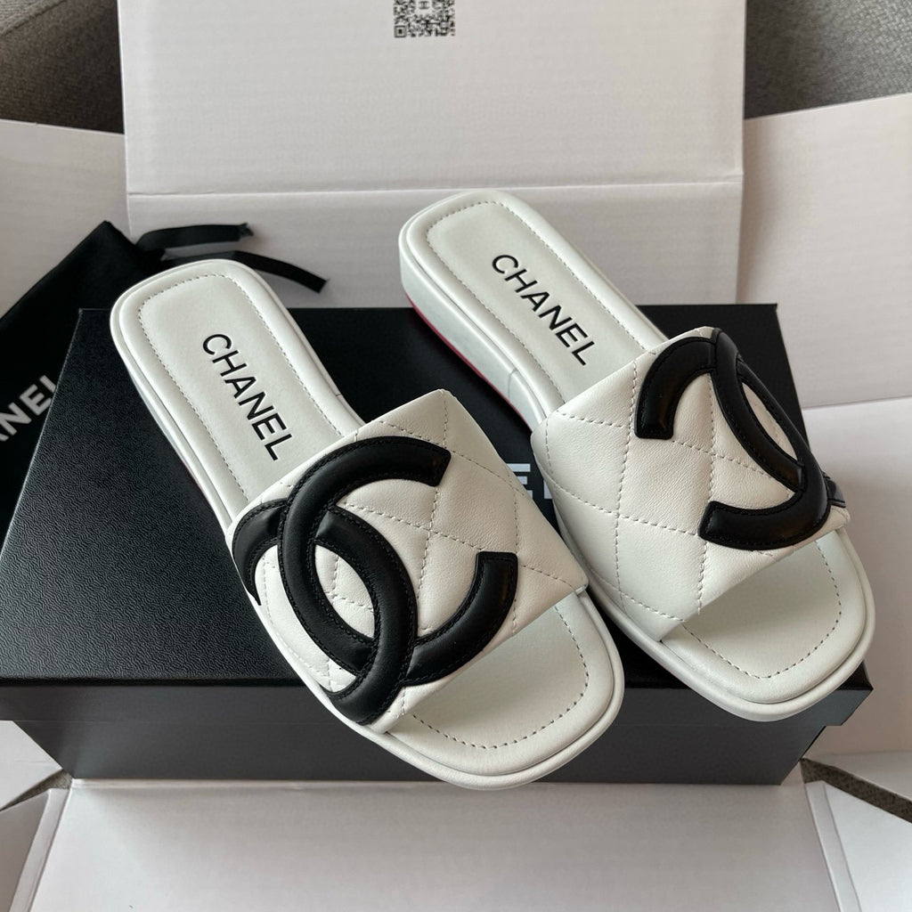 Chanel Women's Summer Double C Print Solid Color Leather Sandals Slippers Shoes #77691