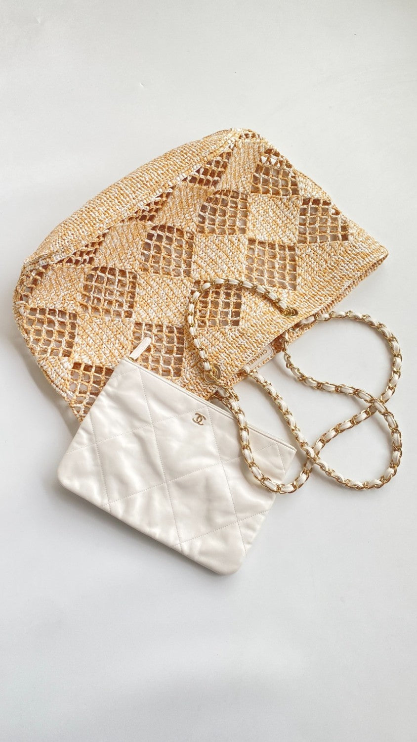 Chanel Women's CoCo Beach Collection Woven Shopper Solid Color Gold Buckle Logo Checkered Casual Tote Bag Bags AS4576-B15546-NW424 #81292