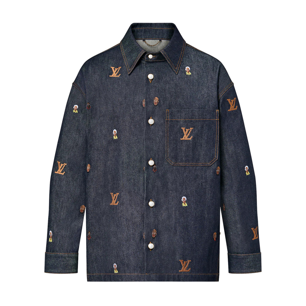 Louis Vuitton Men's Spring And Fall Dark Blue Monogrammed Embroidered Single-breasted Button Lapel Loose Casual Denim Long-sleeved Jacket Flared Jeans Pants Set Suit #73275