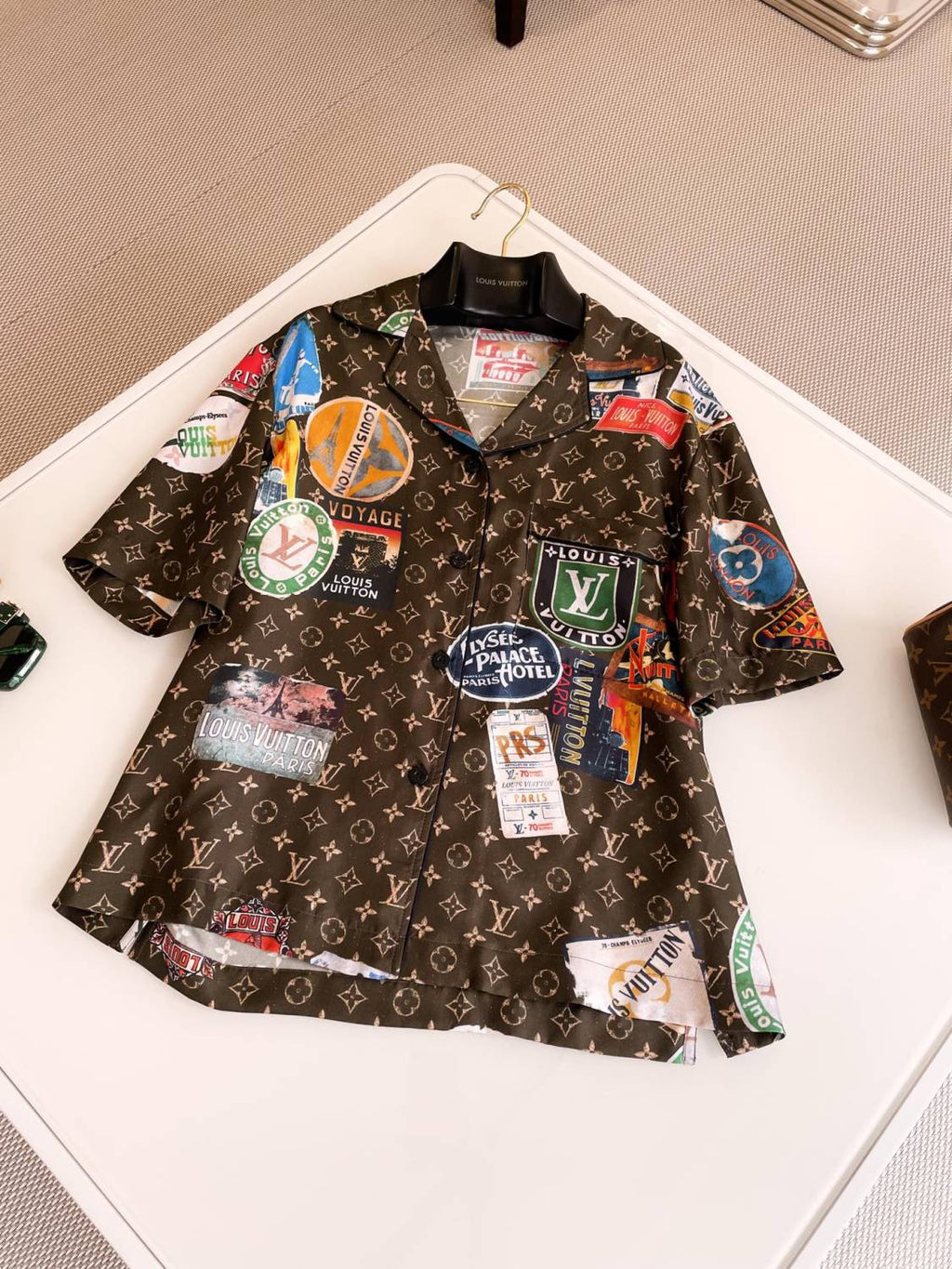 Louis Vuitton Women's Summer Monogram Printed Lapel Silk Single Breasted Short Sleeve Shirt #99775