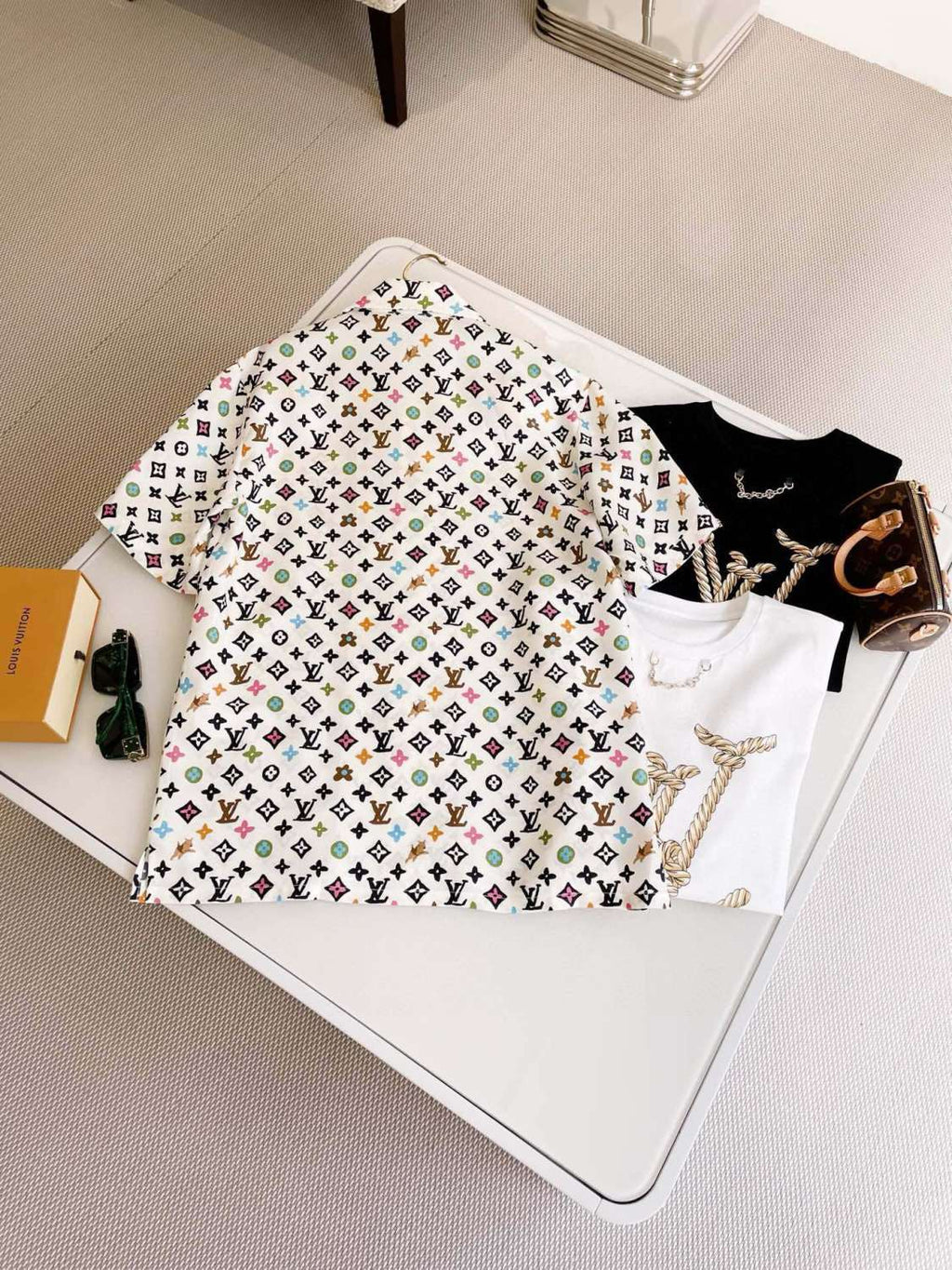 Louis Vuitton Men's Summer Logo Full Print Single Breasted Silk Short Sleeve Shirt #99595