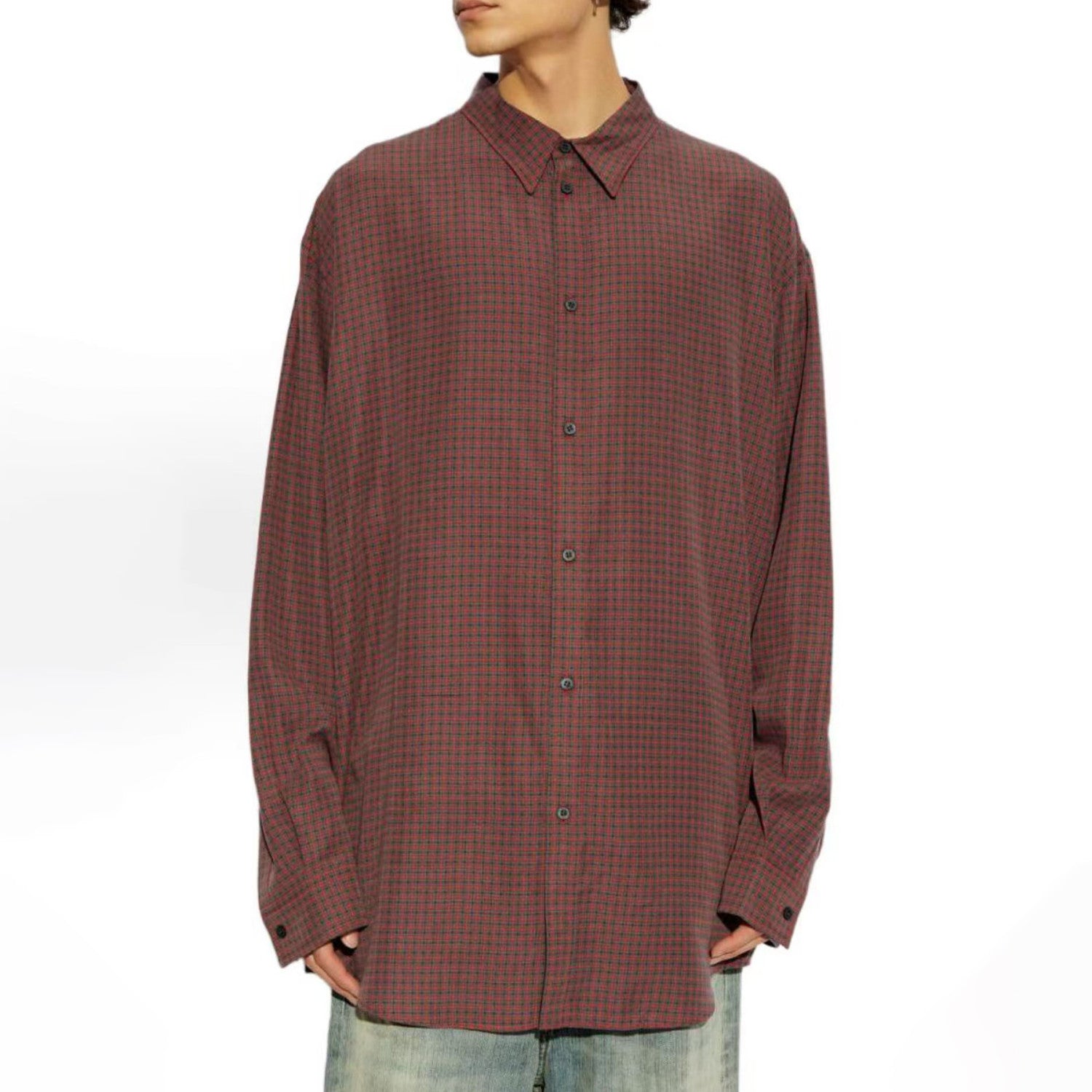 Balenciaga Men's Fall And Winter Show Models Y2k Vintage Dark Burgundy Plaid Shirt Loose Silhouette Lycra Fiber Single-breasted Lapel Shirt Jacket Ngvp #2471