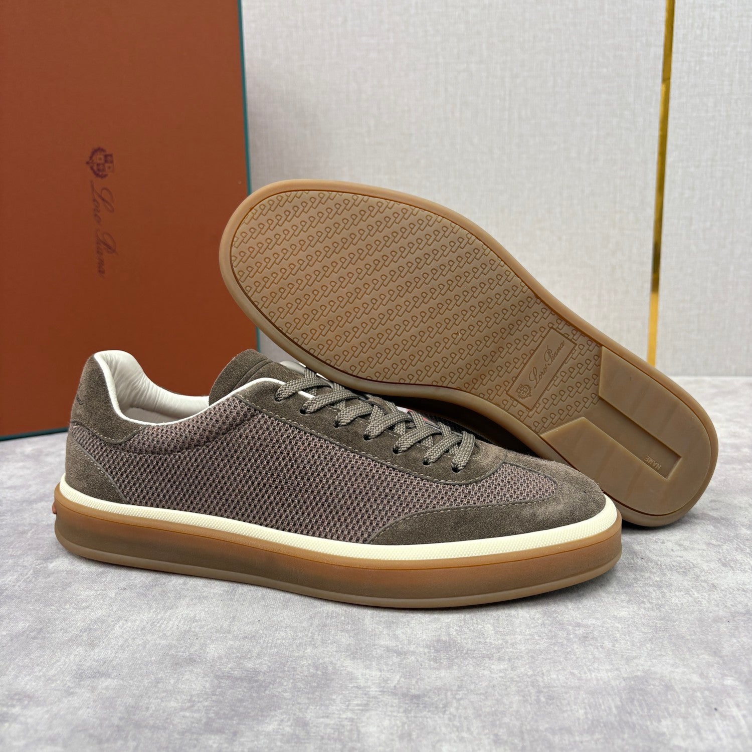 Loro Piana Men's Spring/Fall Fashion Casual Round Toe Lace Up Low Top Leather Patch Sneakers Breathable Mesh Patch Fabric Casual Shoes #79242