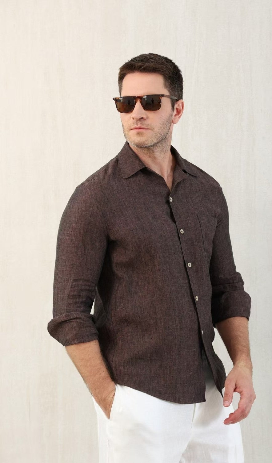 Brunello Cucinelli Men's Linen Easy Fit Shirt with Camp Collar and Chest Pocket Spring And Autumn Solid Color Long Sleeve Top Ngvp #1455