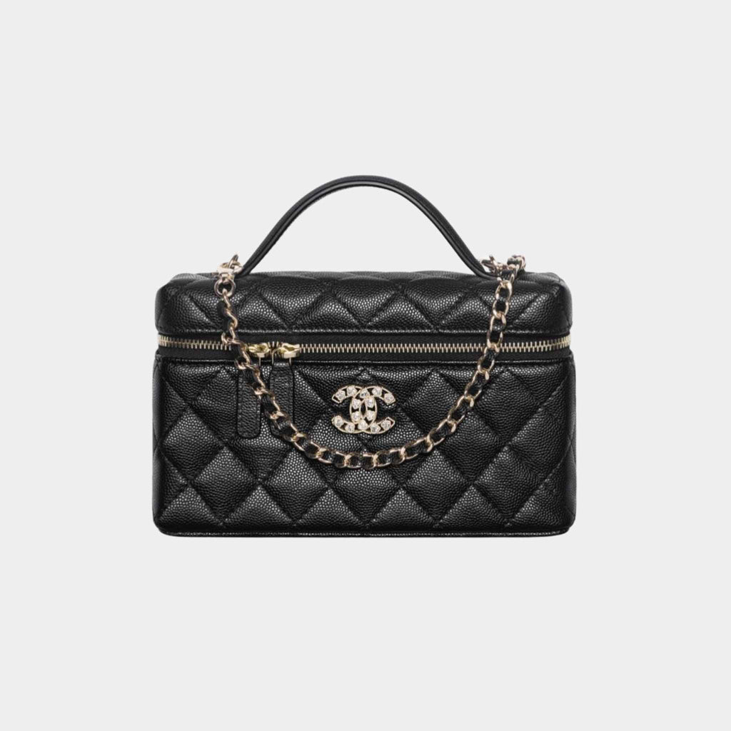 CHANEL 25P Women's Black Heart-Shaped Rhinestone Buckle with Brand Logo. Litchi Leather Shoulder/Crossbody Bag #81935L