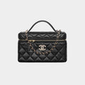 CHANEL 25P Women's Black Heart-Shaped Rhinestone Buckle with Brand Logo. Litchi Leather Shoulder/Crossbody Bag #81935L