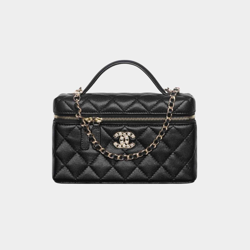 CHANEL 25P Women's Black Heart-Shaped Rhinestone Buckle with Brand Logo. Litchi Leather Shoulder/Crossbody Bag #81935L