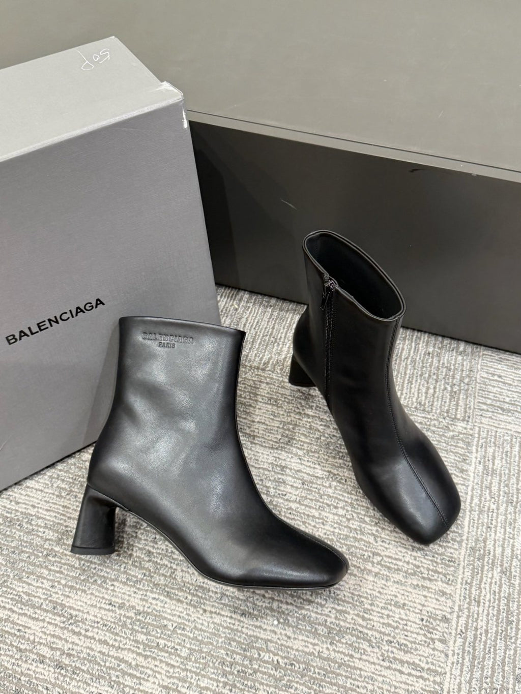 Balenciaga DUTY FREE Women's Solid Color Letter Print Cowhide Square Toe Chunky Heel Short Boots Shoes #77869
