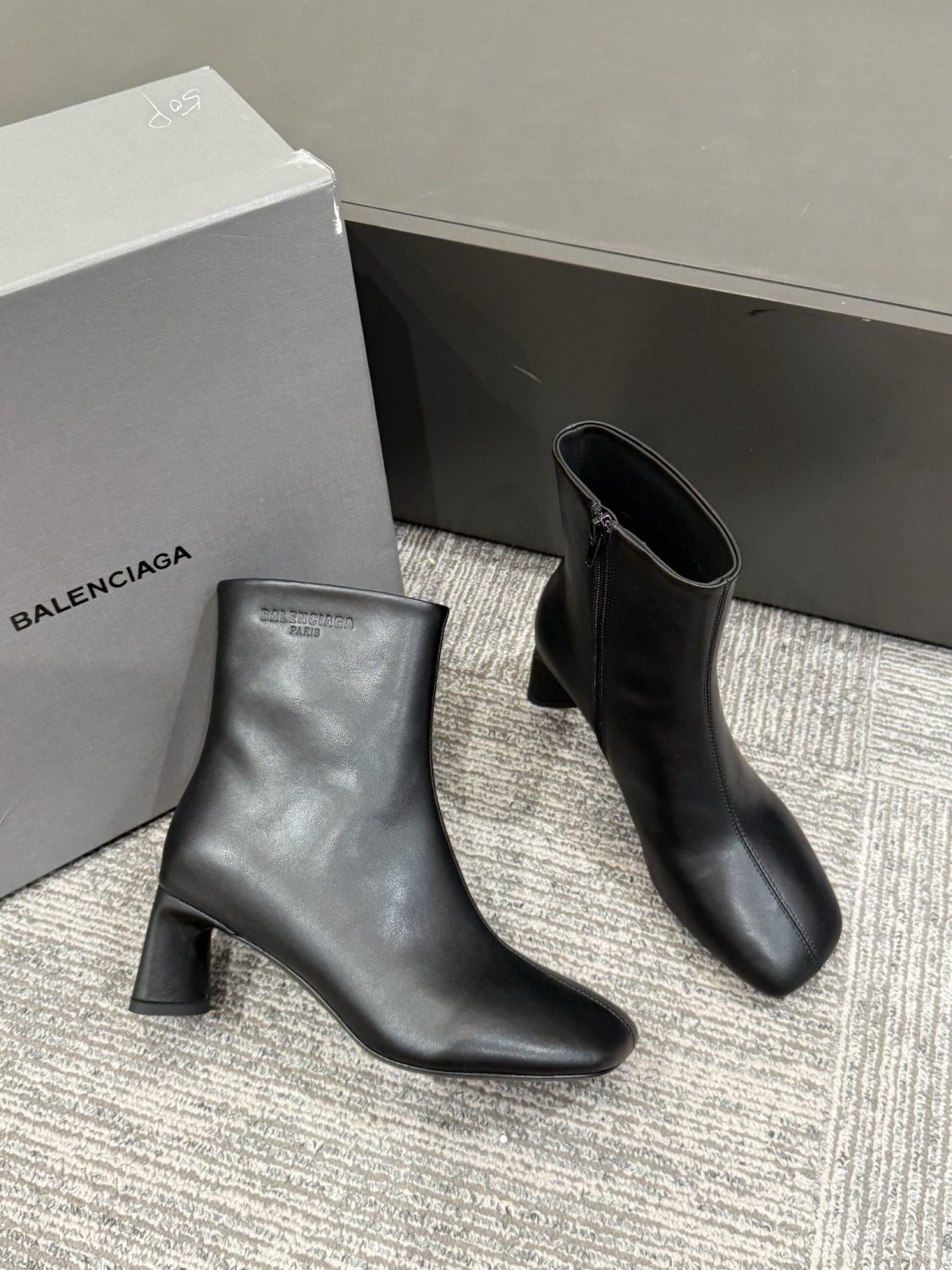 Balenciaga DUTY FREE Women's Solid Color Letter Print Cowhide Square Toe Chunky Heel Short Boots Shoes #77869