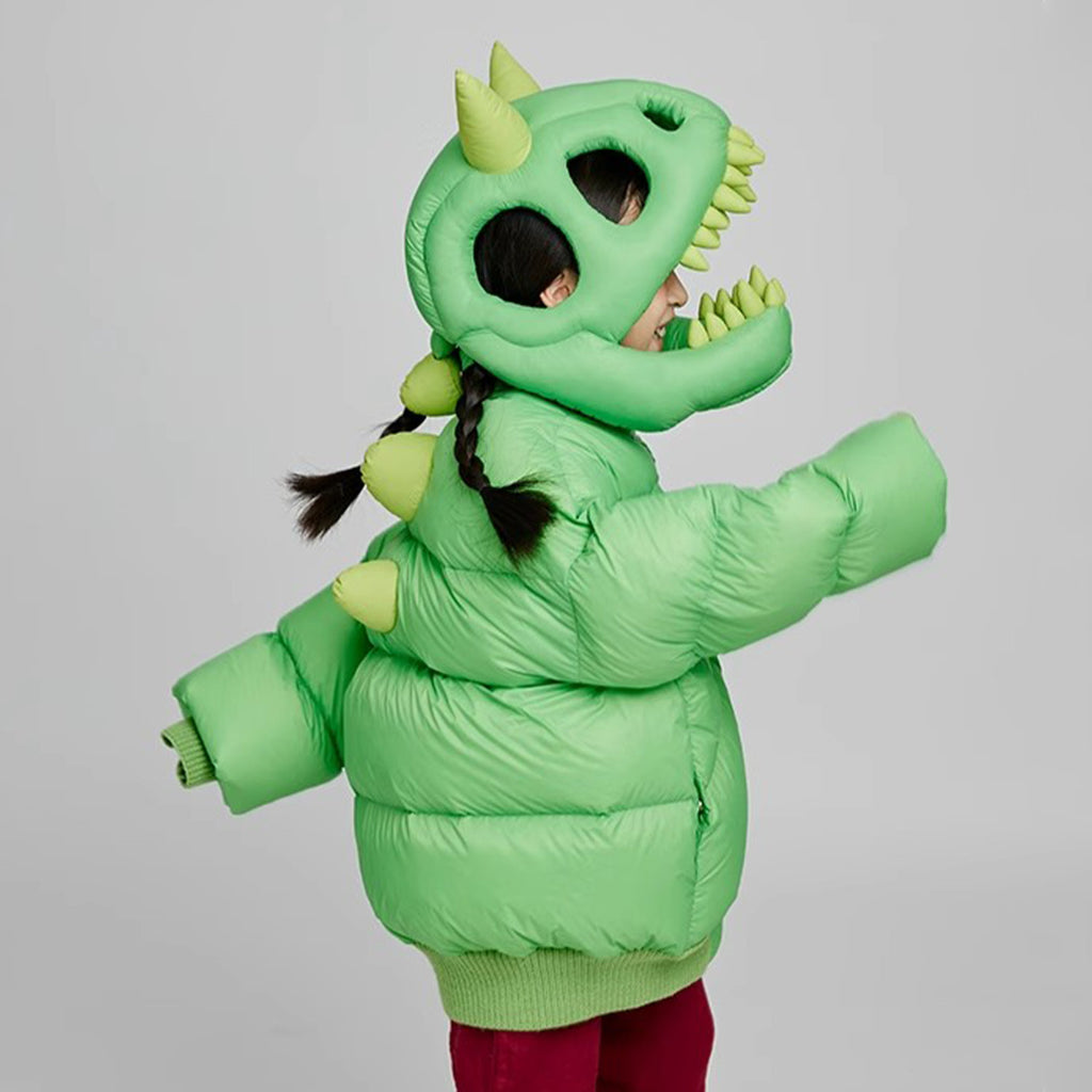 Kid's Autumn And Winter Solid Color Three-Dimensional Cutting Dinosaur Cap Hooded Loose Long-Sleeved Puffer Down Jacket #31323