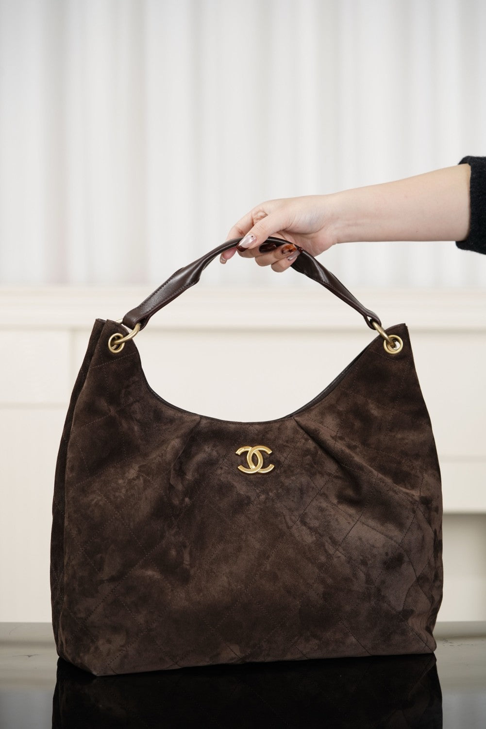 Chanel Maxi Hobo Bag Suede Calfskin Lambskin Gold-tone Metal Dark Brown #336664
