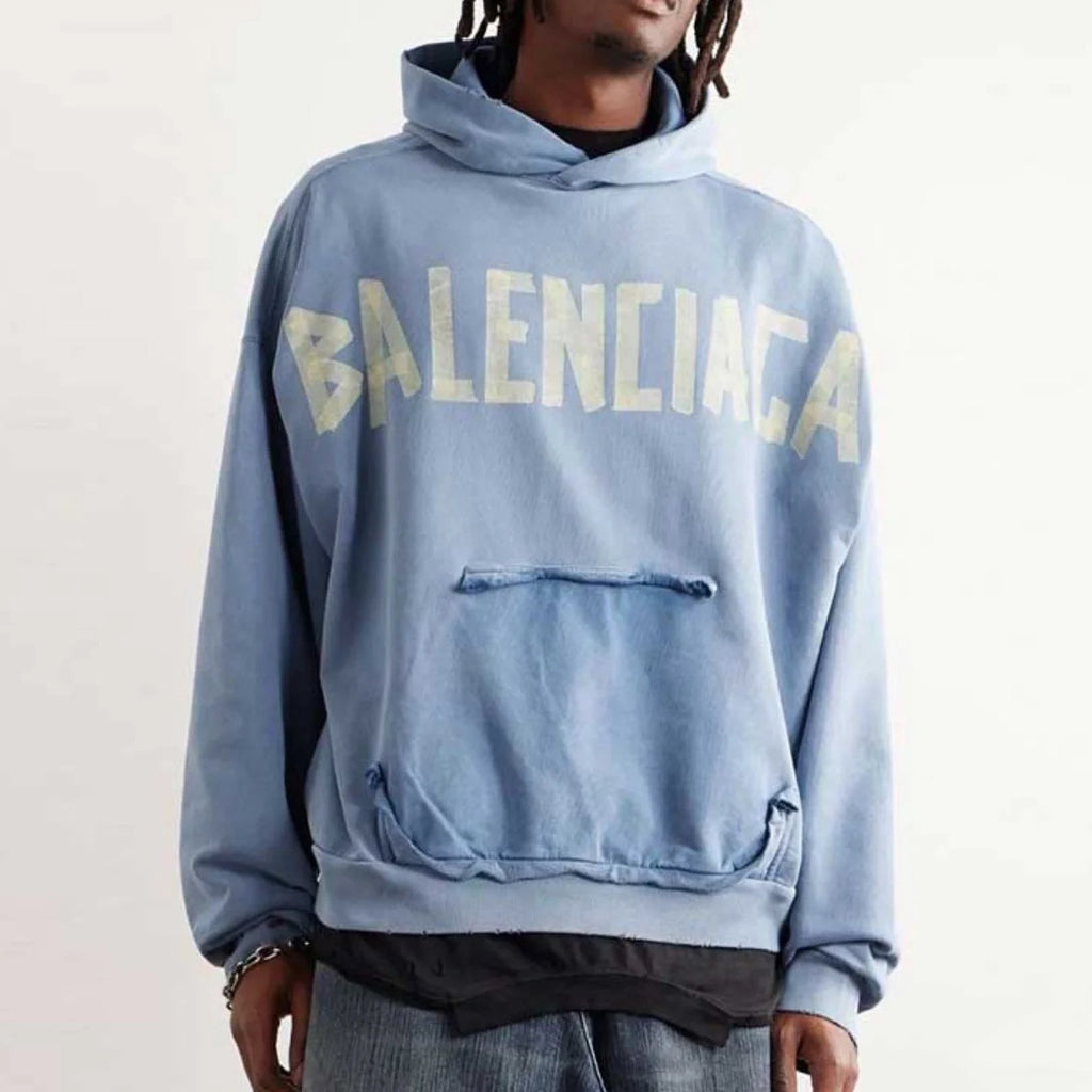 Balenciaga Men's Spring and Fall Logo Letter Print Blue Loose Fit Hooded Sweatshirt Pullover #98387