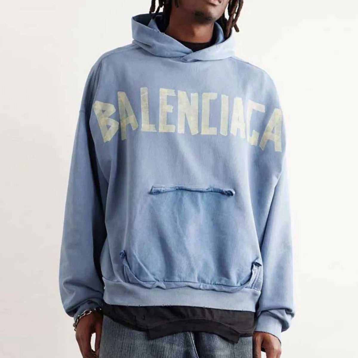 Balenciaga Men's Spring and Fall Logo Letter Print Blue Loose Fit Hooded Sweatshirt Pullover #98387