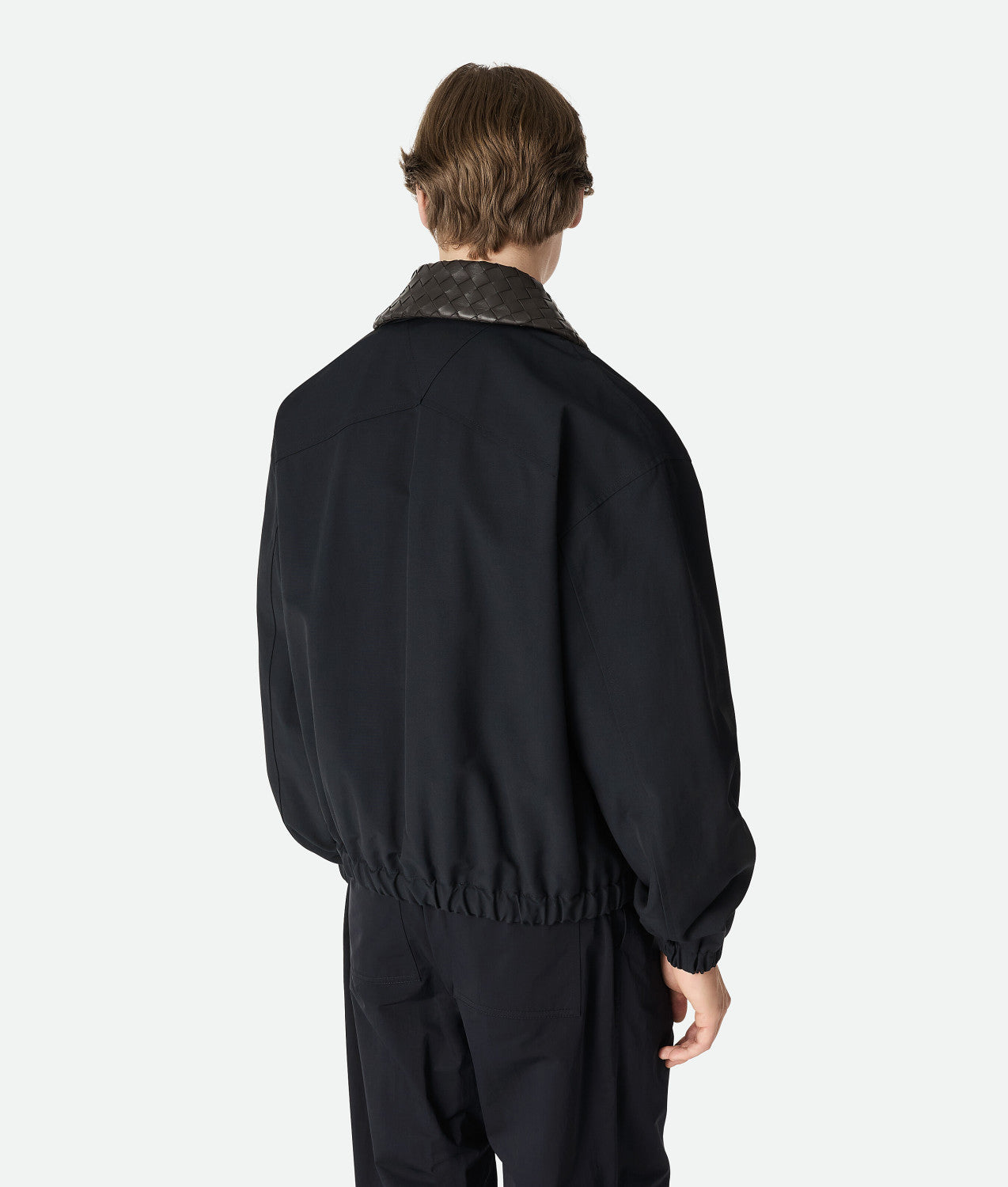 Bottega Veneta Men's Tech Cotton Zipper Woven Leather Collar Spring/Fall Solid Color Zipper Long Sleeve Jacket Ngvp #2367