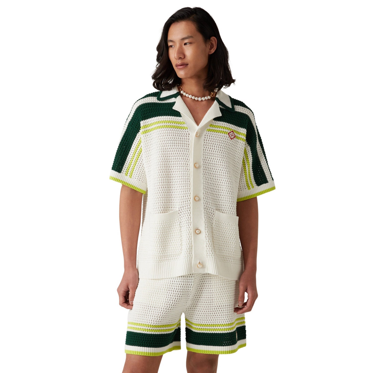 Casablanca Men's Summer Solid Color Skeleton Knit Breathable Single Breasted Short Sleeved Shirt Drawstring Tie Casual Knit Shorts Suit Set #76526