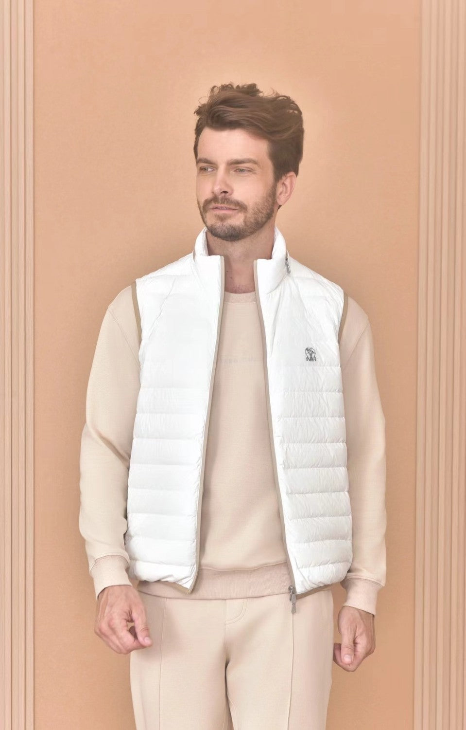 Brunello Cucinelli Men's Logo Embroidered High Neck Zipper Solid Color Fitted Straight Sleeveless Down Vest Ngvp #9665