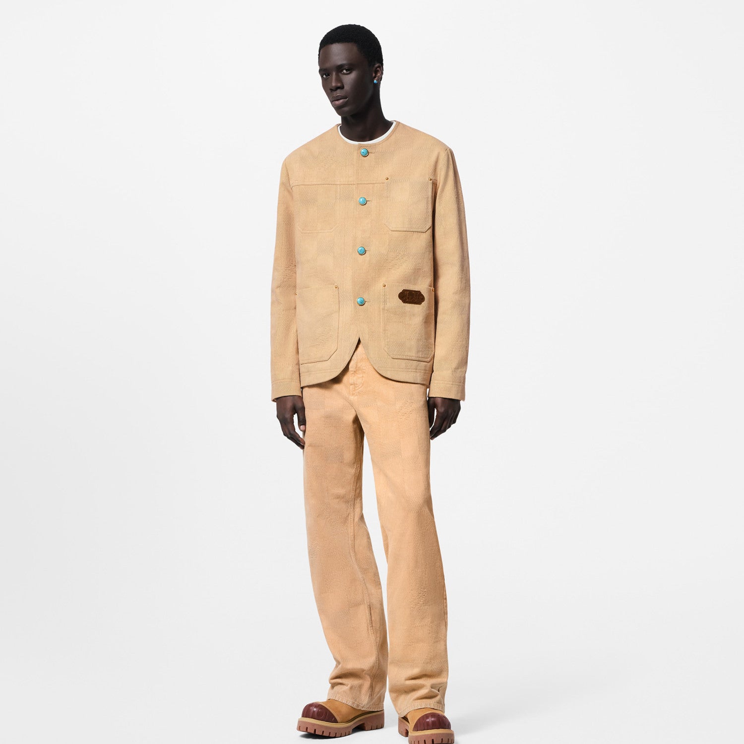 Louis Vuitton Men's Spring And Autumn Damier Collarless Cotton Lettered Jacquard Workwear Jacket Casual Solid Color Work Pants #71922