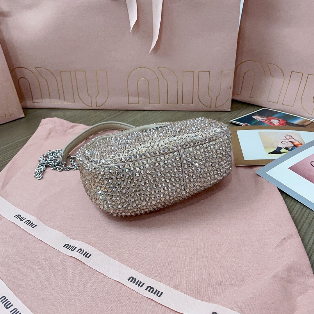 MiuMiu Wander Women's Metal Engraved Logo Detachable Chain Shoulder Strap Faux Crystal Embellished Shoulder Slanting Handbag Bag Bags #76744