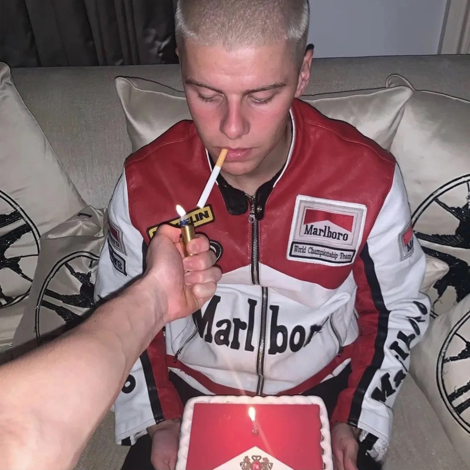 Supreme Yohji Yamamoto Marlboro Men's Women's Vintage Racing Suit Colour Blocking Fashion Leather Jacket Lapel High Street Trend Jacket Autumn and Winter #81156