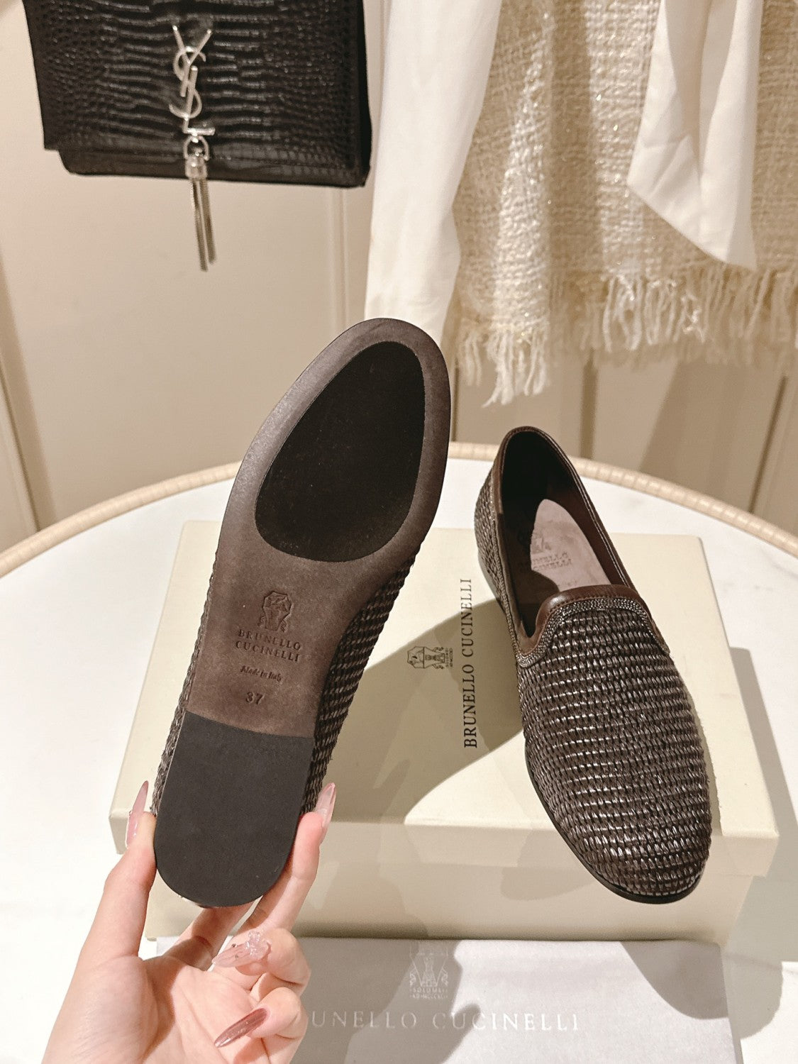 Brunello Cucinelli Women's Techno Raffia Slippers With Precious Trim Round Toe Solid Color Single Shoes Sheepskin Tassel Embellished Four Seasons Casual Flats Shoes Ngvp #1537