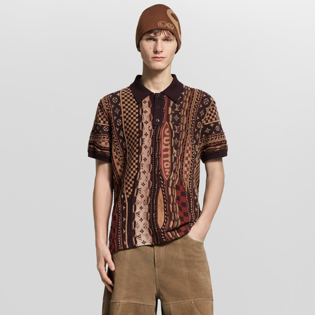 Louis Vuitton Men's Summer Logo Jacquard Knit Cotton-Blend Vintage Twist-Knit Short-Sleeve Polo T-Shirt #79424