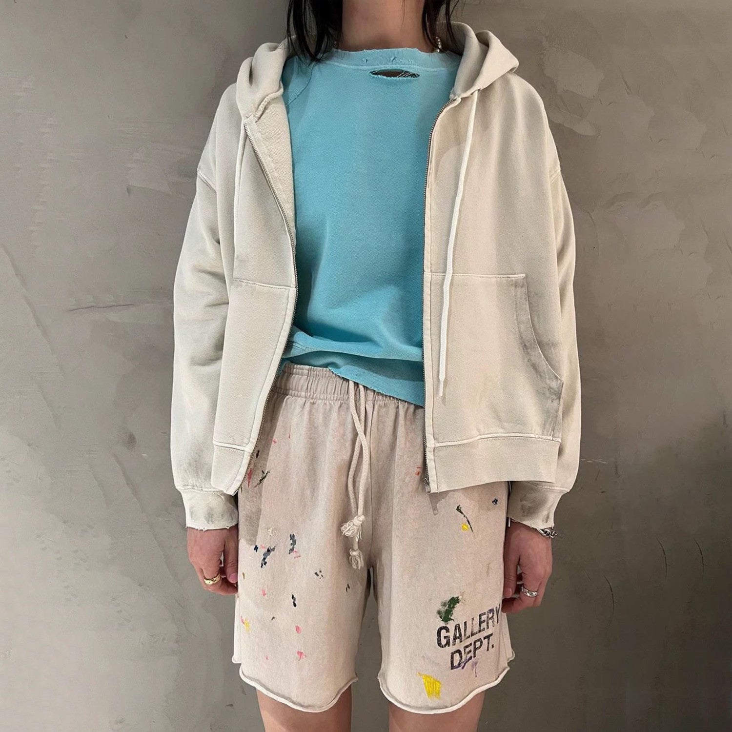Gallery Dept Men's And Women's Splashed Ink Graffiti Rice White Shorts Retro Fashion High Street Trend Casual Elastic Waist Drawstring Shorts Pants Ngvp #9237