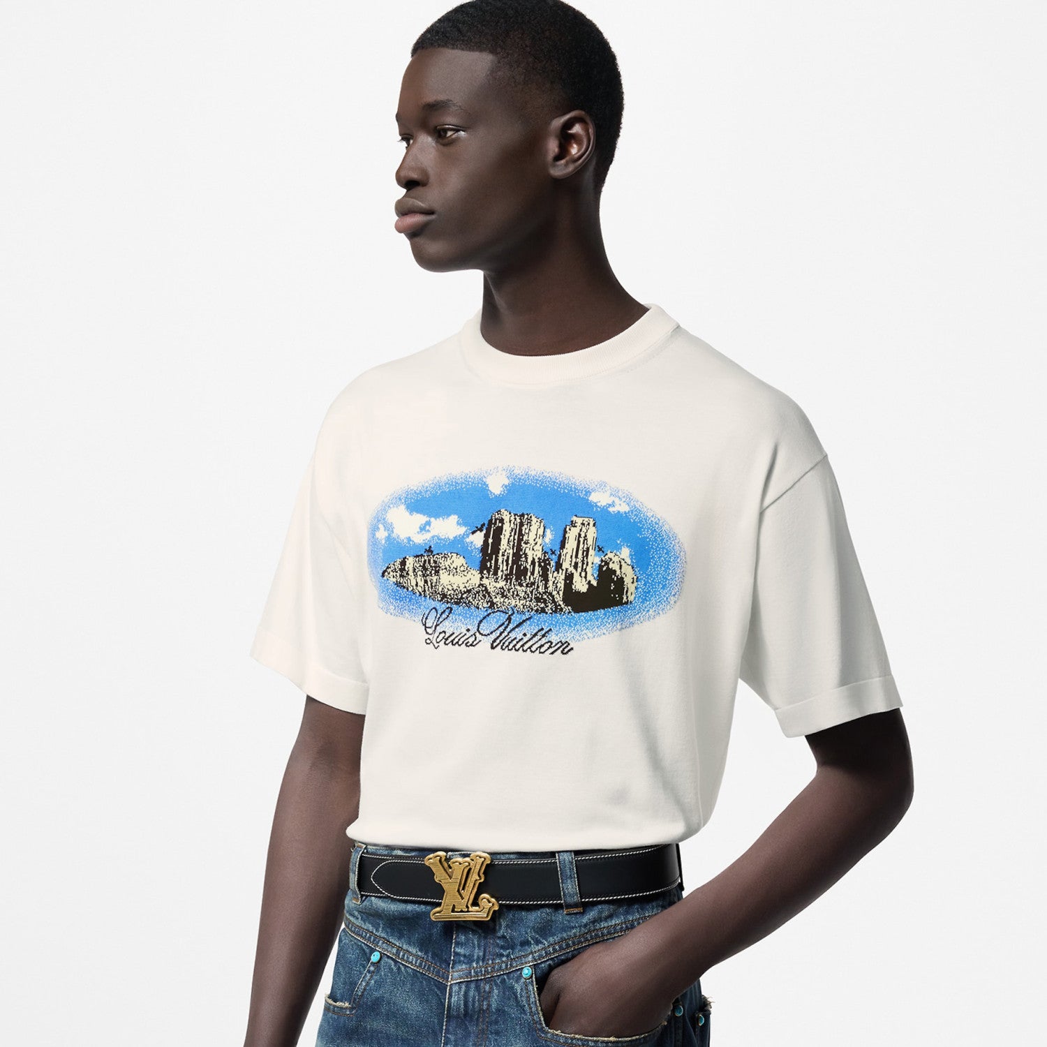 Louis Vuitton Men's Summer Monogram Printed White Round Neck Cotton Short Sleeve T-Shirt #72455