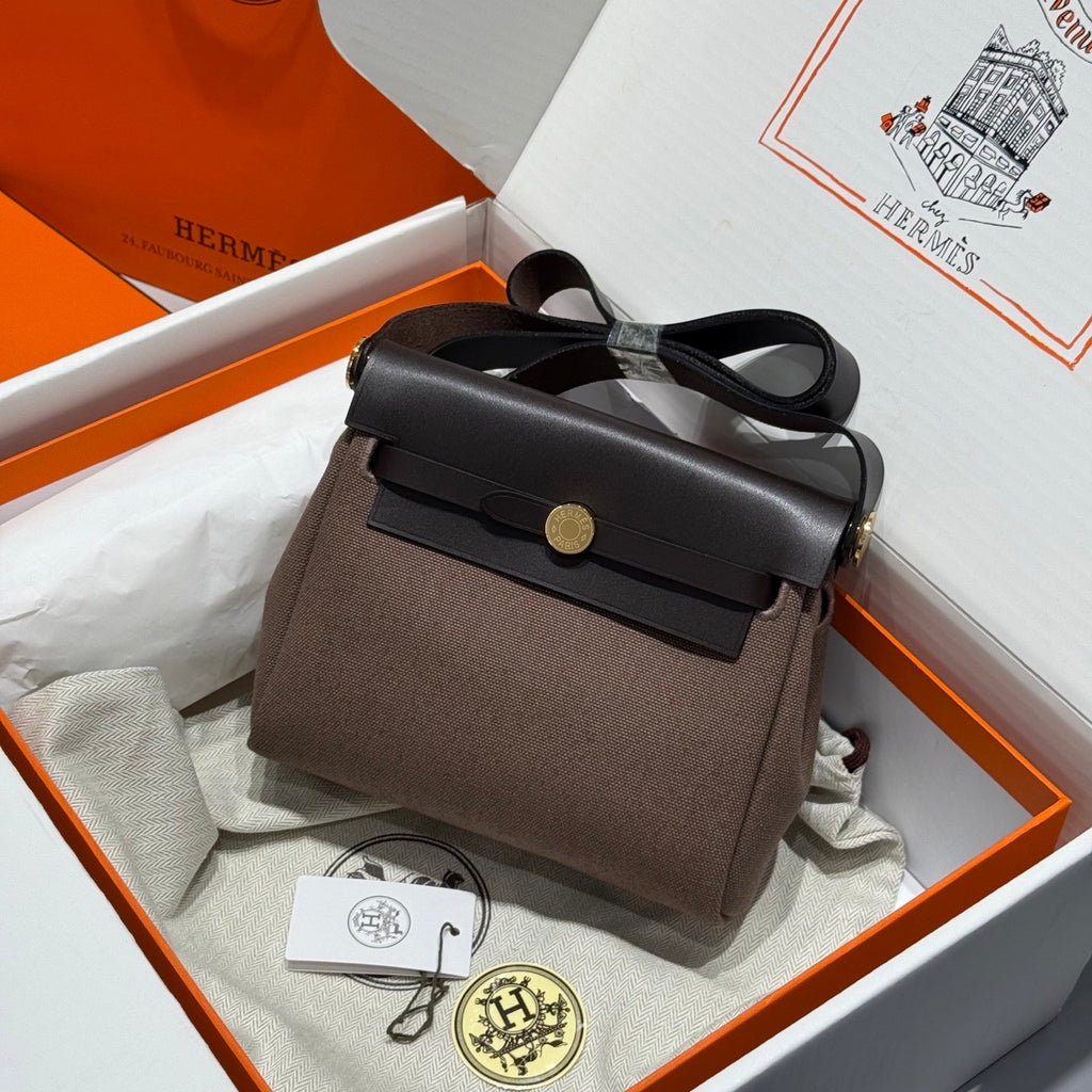 Hermes H -Mini Herbag Women's Color Blocking Metal Buckle Canvas and Cowhide Handbag Shoulder Satchel Bag Bags #76411