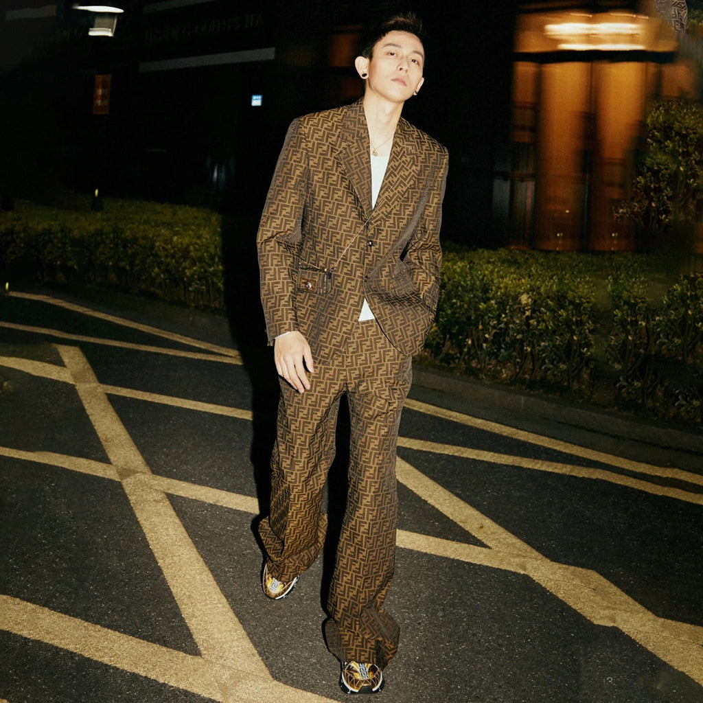 Fendi Men's Fall And Winter F Full Print Casual Suit Jacquard Lapel Single-breasted Jacket Straight Suit Pants Set #71558