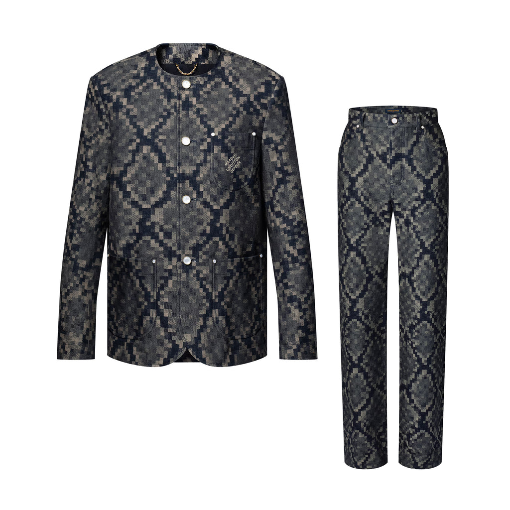 Louis Vuitton Men's Spring and Autumn Solid Color Snake Print Denim Single Breasted Long Sleeve Jacket Jeans Pants Suit Set #76539