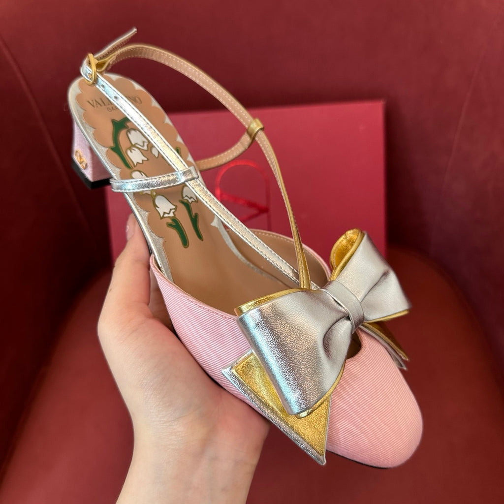 Valentino Bowow Women's Summer Round Toe Buckle Bow Shaped Chunky Heel 4.5cm High Heels Shoes #76981