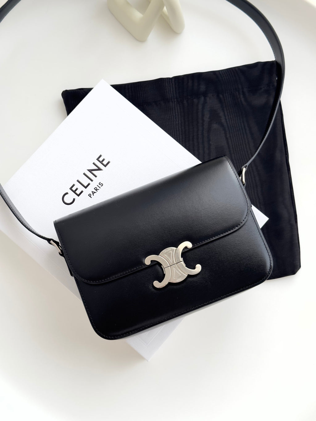 Celine Triomphe Medium Classic Premium Vintage-style Metallic Gold Logo Accent Leather Solid-colour Handbag Bag Lady Bags #196193