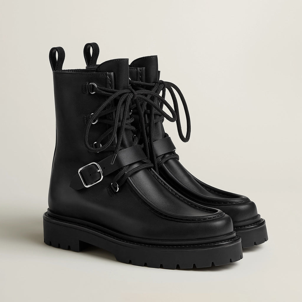 Hermes Women's Fall/Winter Land Ankle Boots Solid-Color Cowhide Lace-Up Short Boots Outdoor Boots Heel Height: 3.5cm Shoes Ngvp #2325