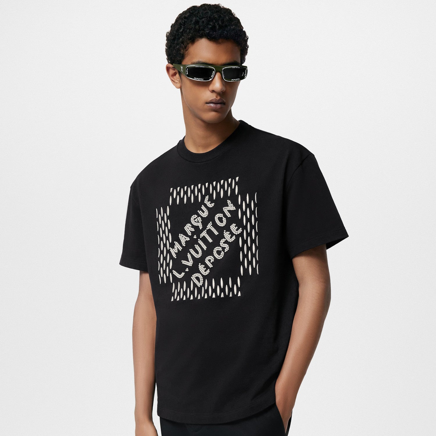 Louis Vuitton Men's Summer Beaded Embroidered Logo Black Round Neck Cotton Short Sleeve T-Shirt #98411