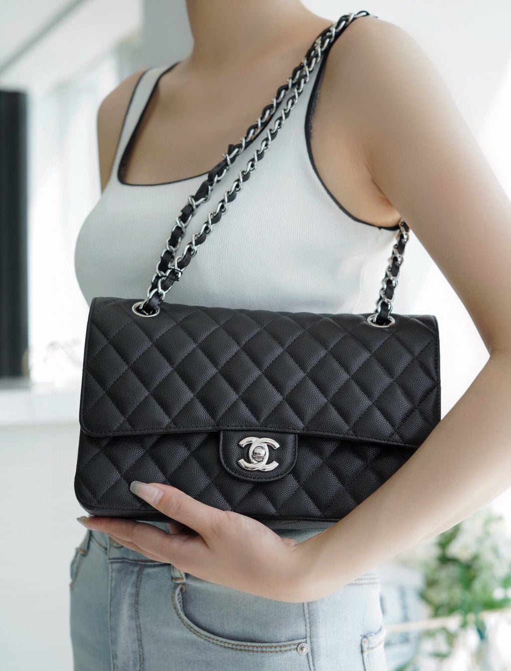 Chanel Women Classic Flap Solid Color Particle Embossed Calfskin Chain Bag Mouth Cover Bag Casual Shoulder Bags CF #71675