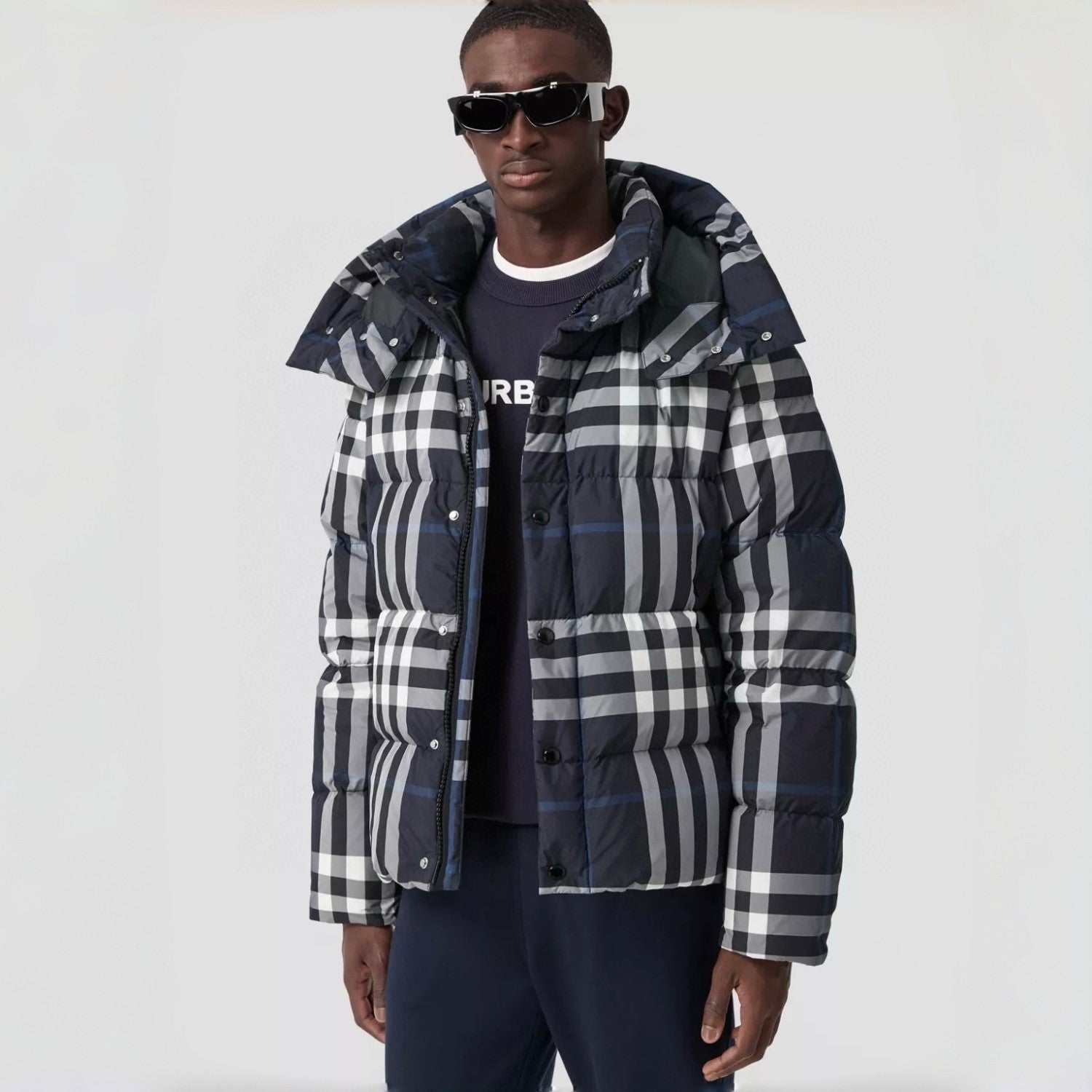 Burberry Men's Winter Fashion Casual High Tie Hood Windproof Single Breasted Detachable Hood Night Color Plaid Down Jacket #79373