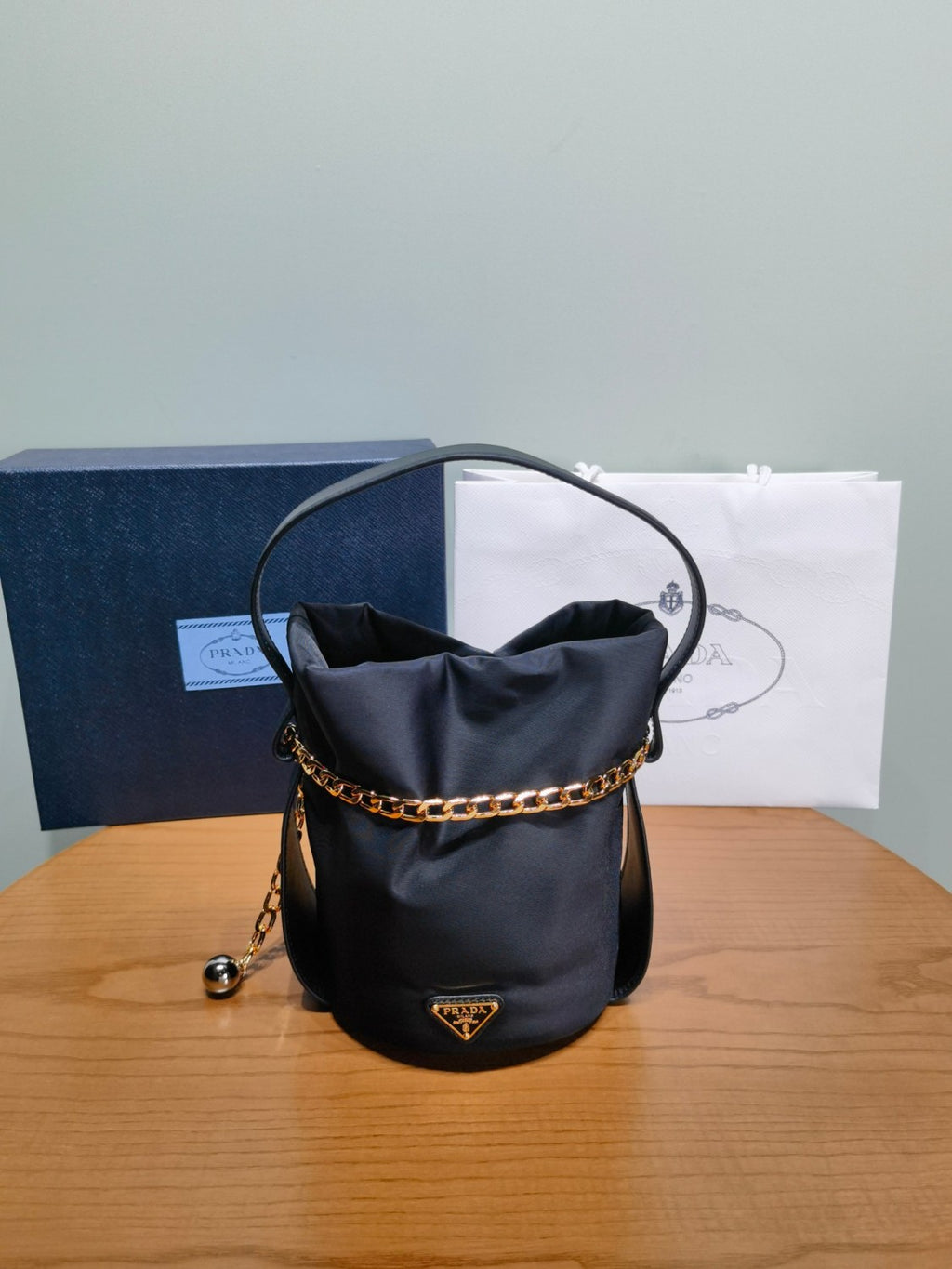 Prada Women's Solid Color Petit Sac Noir Re-Nylon with Nappa Leather Mini Shoulder Bag Bucket Tote Bags #78128