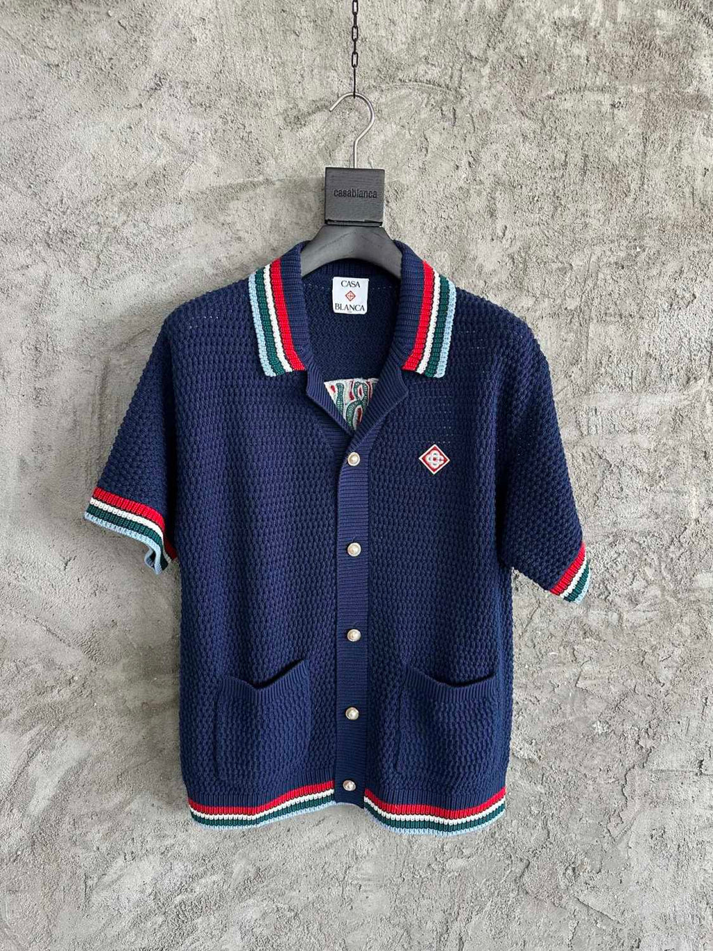 Casablanca Men's Summer Solid Color Skeleton Knit Breathable Single Breasted Short Sleeved Shirt Drawstring Tie Casual Knit Shorts Suit Set #76525
