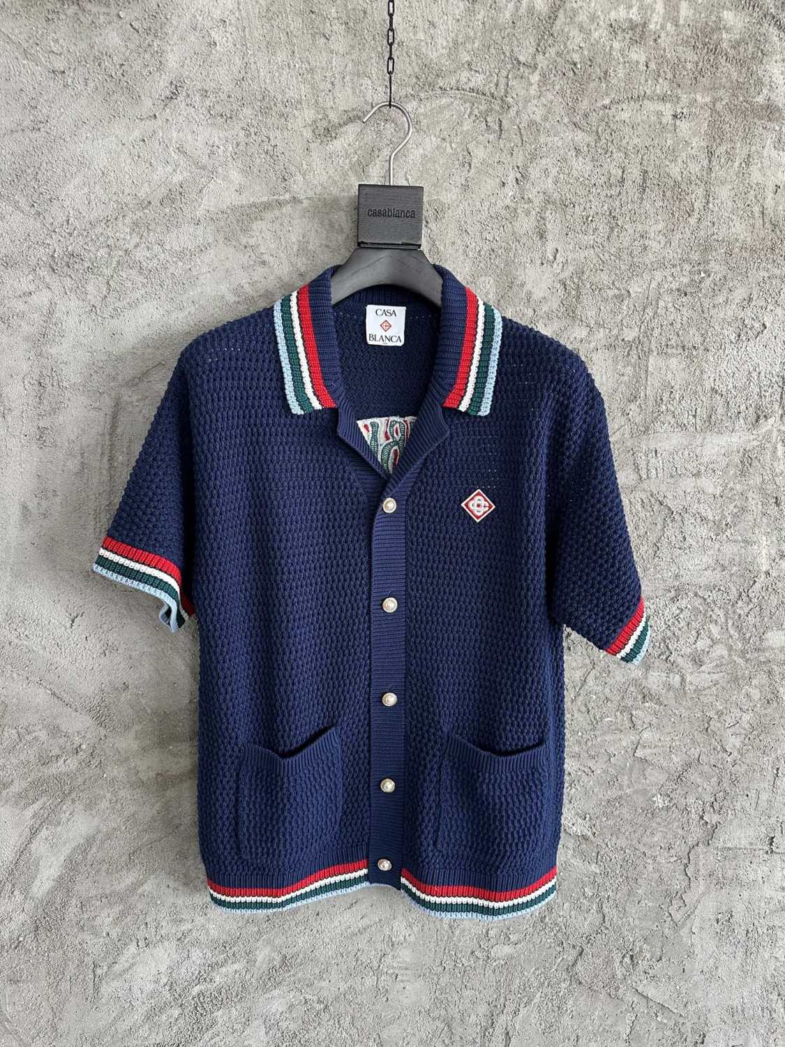 Casablanca Men's Summer Solid Color Skeleton Knit Breathable Single Breasted Short Sleeved Shirt Drawstring Tie Casual Knit Shorts Suit Set #76525